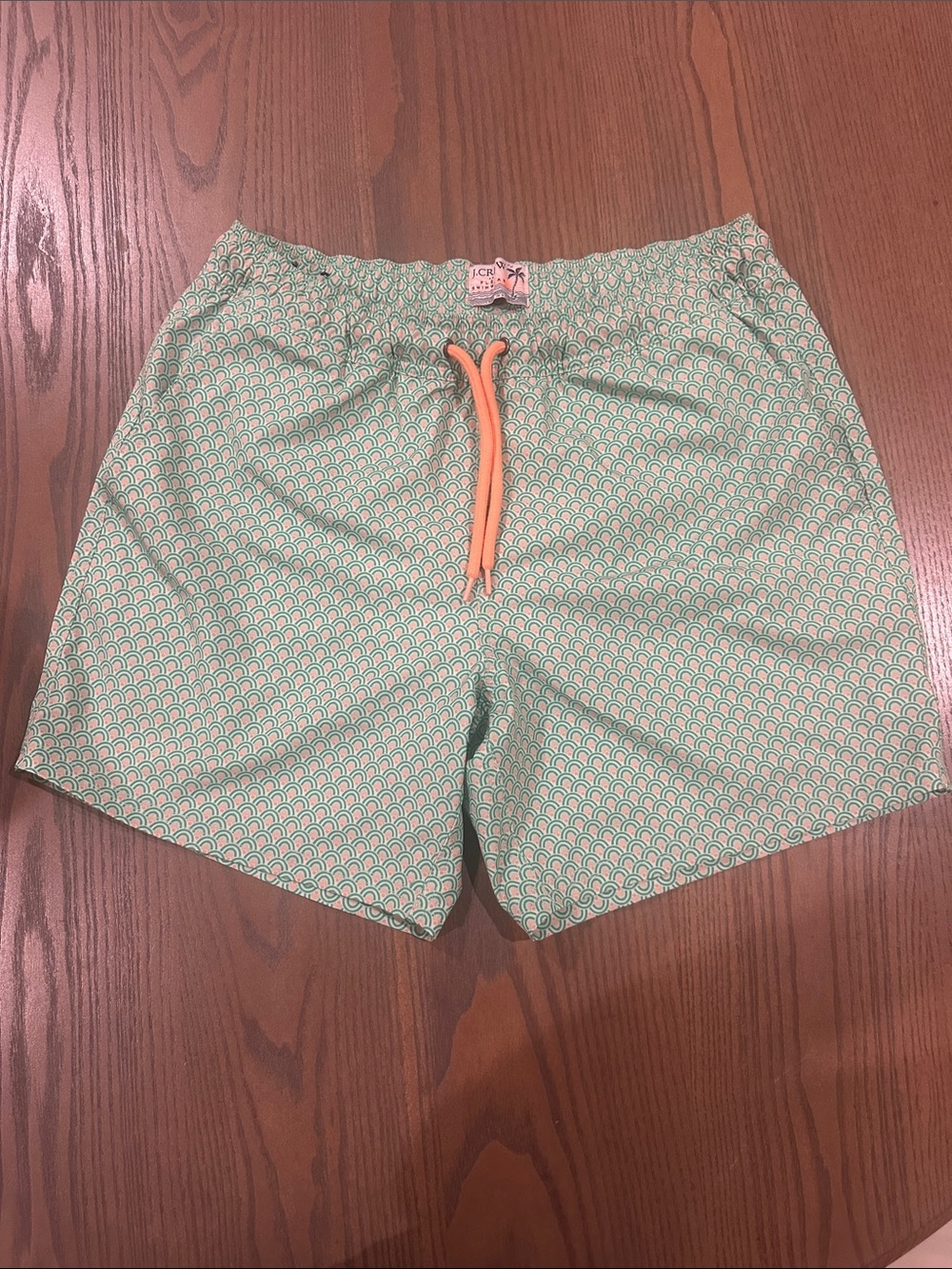 J. Crew Mint Geometric Swim Trunks with Coral Drawstring